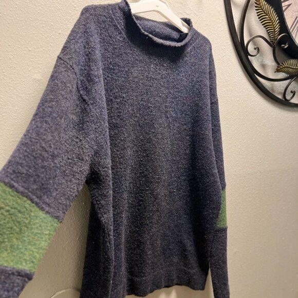 French Connection Blue Wool Blend Sweater With Green Sleeve Detail XL - Picture 3 of 10